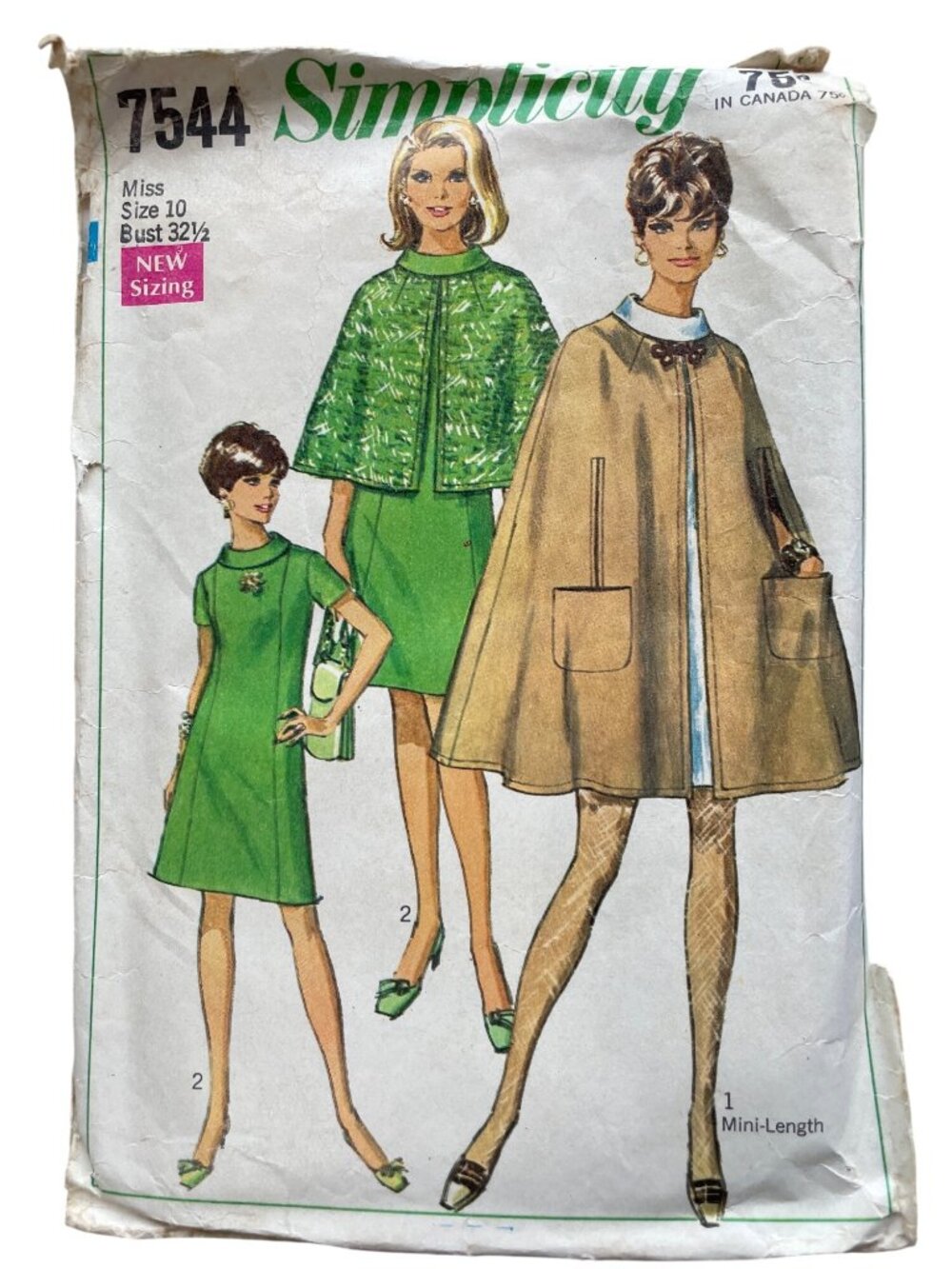Vintage 60s Simplicity 7544 Sewing Pattern Size 10 Cape Dress In Two Lengths CUT
